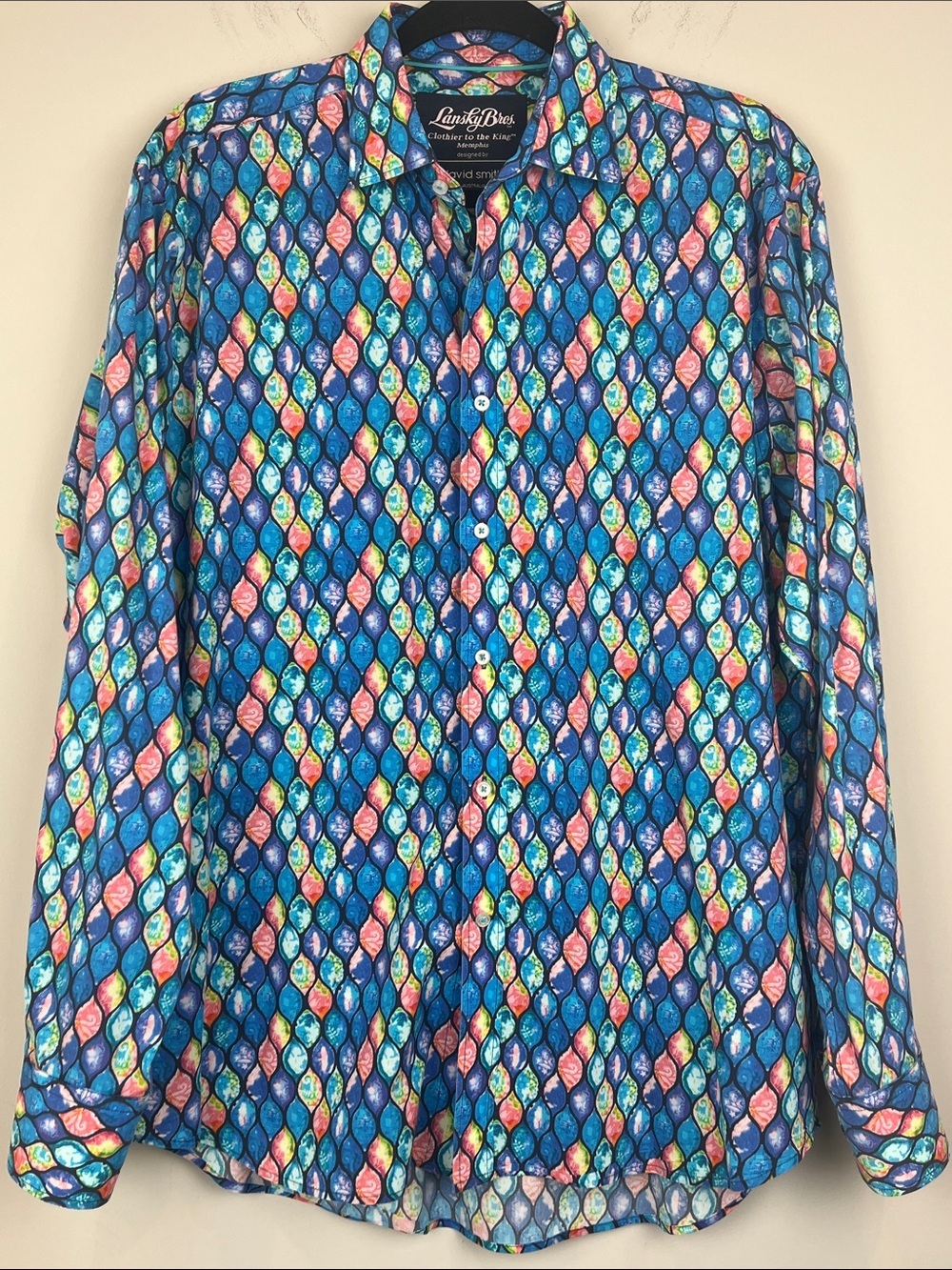 Lansky Bros Medium Long-Sleeve Button Down Colorful Blue Mosaic Print Shirt